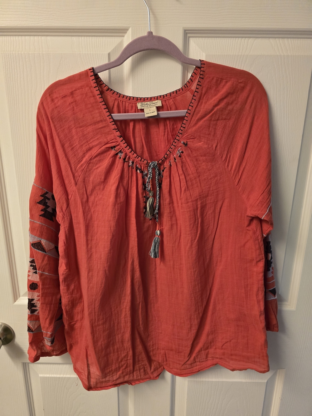 Lucky Brand Coral Embroidered Tassel V-Neck Blouse